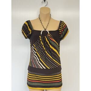 Vintage Y2K 2000s Brown Striped Halter Top Short Sleeve Gold Circle L